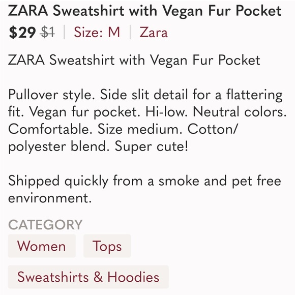 Zara Sweatshirt With Vegan Faux Fur Pocket Size M - Picture 2 of 10
